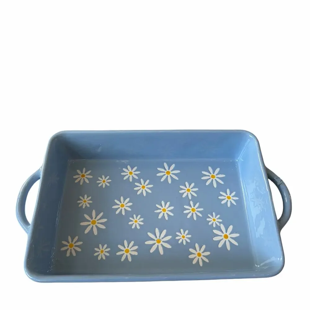 10 Strawberry Street Daisy Rectangular Baker 12x8 Blue Polka Dot NEW